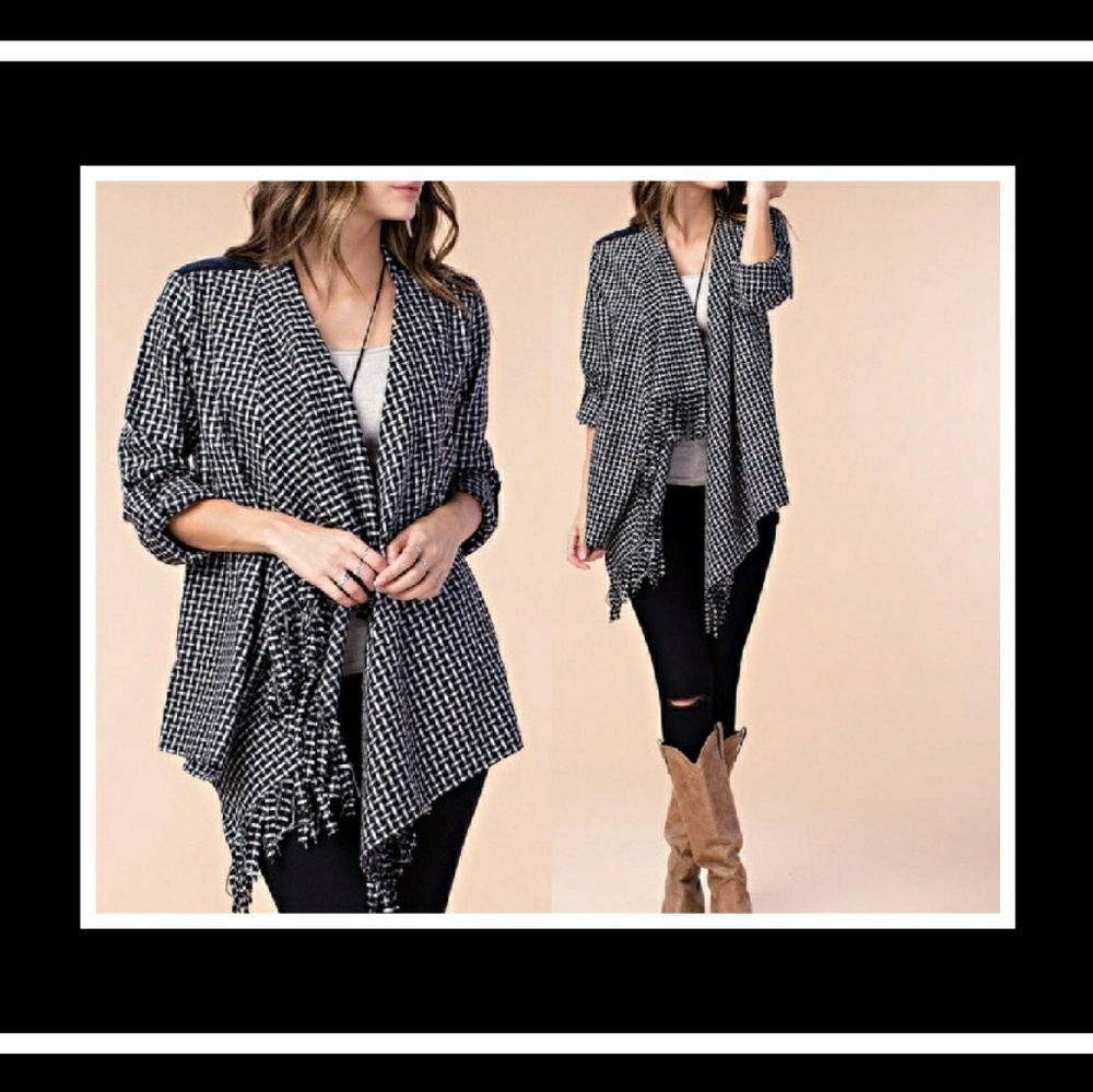 ❤ Black & ivory draped fringe cardigan..